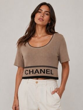 CHANEL Taupe Crop Knit Top with Black Trim